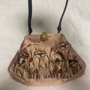 Valentino evening bag light pink/peach silk embroidered flowers ladybugs.